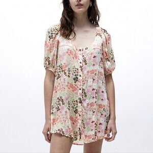 NWT Free People Callie Printed Tunic Dress Pink Floral Boho Puff Sleeve Large